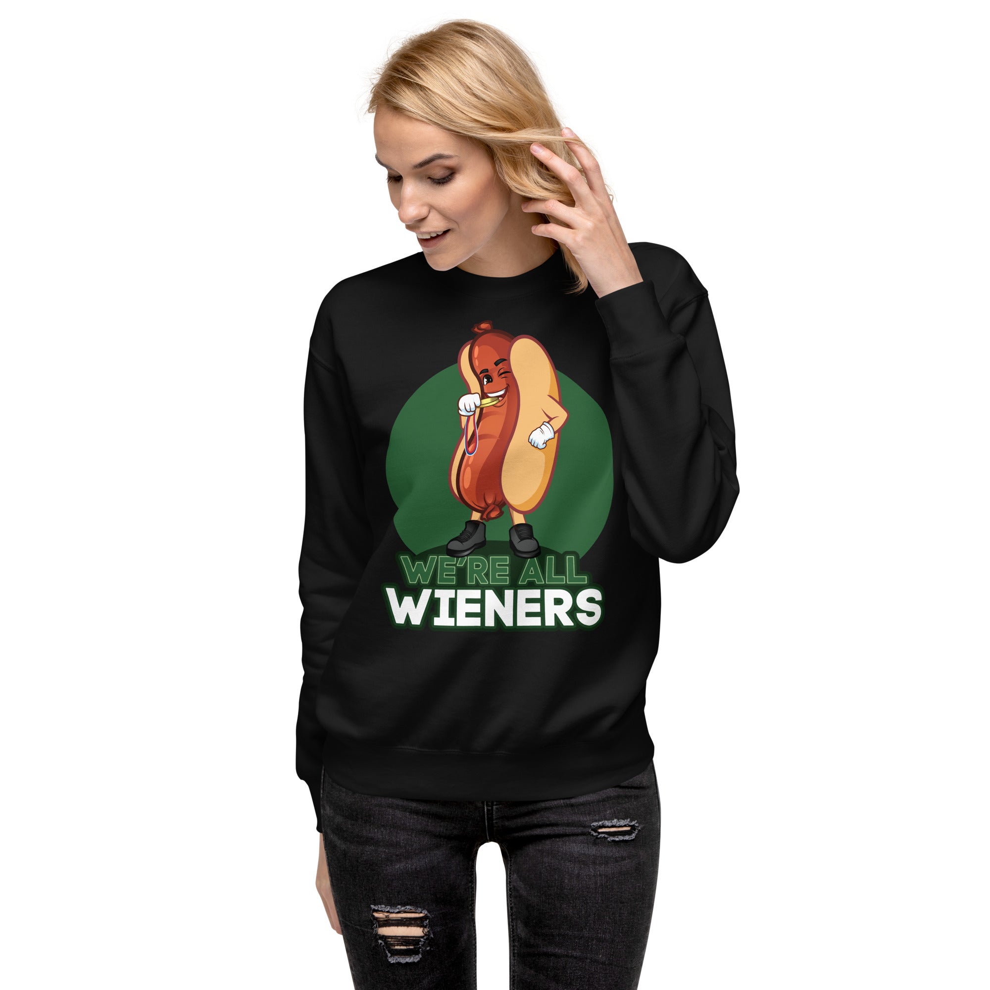We're All Wieners Women's Heavy Crew Sweatshirt - Green Black | The Original Sports Mom