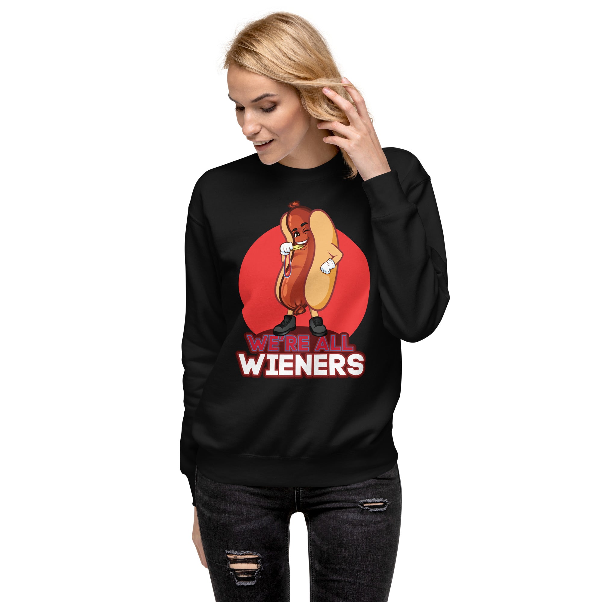 We're All Wieners Women's Heavy Crew Sweatshirt - Red Black | The Original Sports Mom