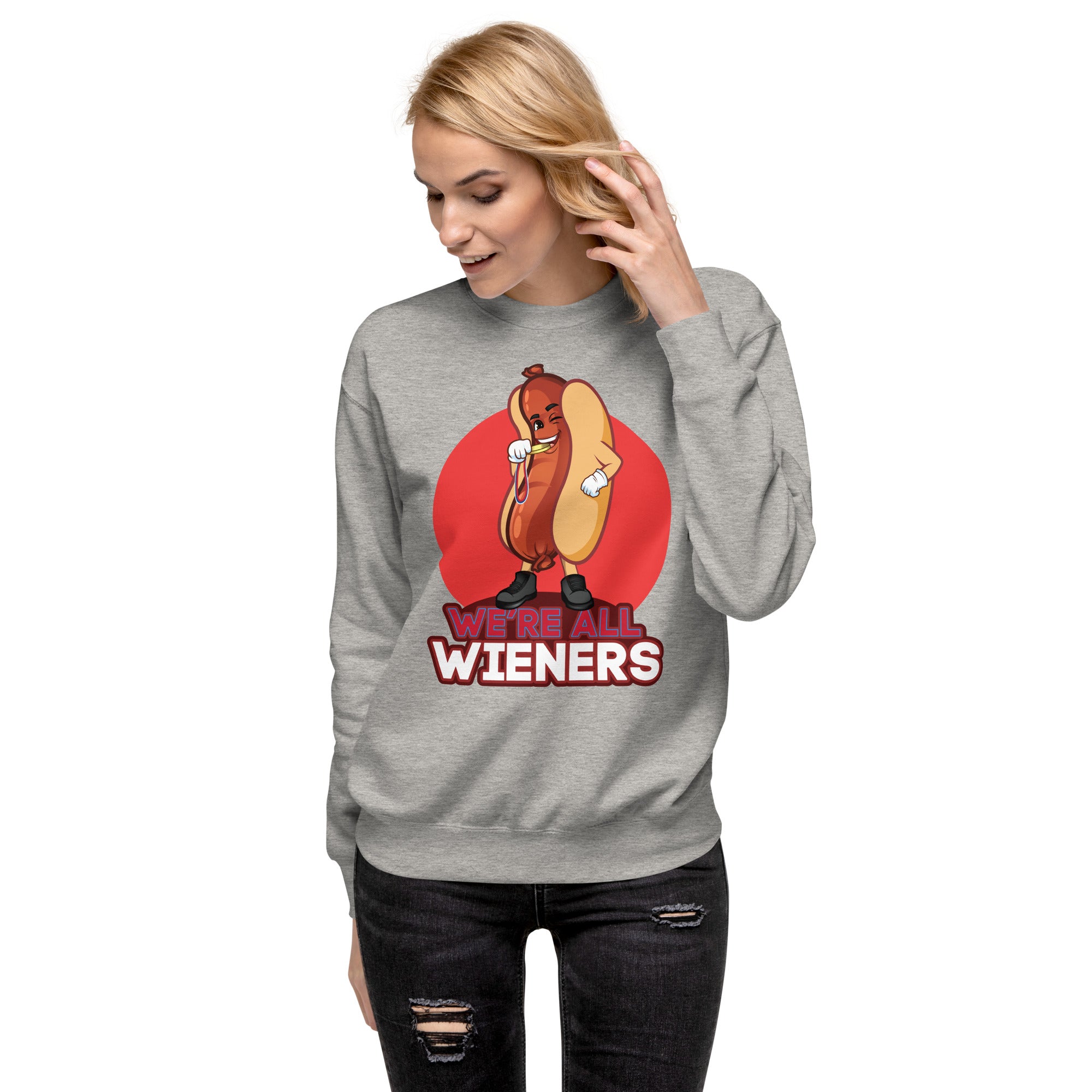 We're All Wieners Women's Heavy Crew Sweatshirt - Red Carbon Grey | The Original Sports Mom