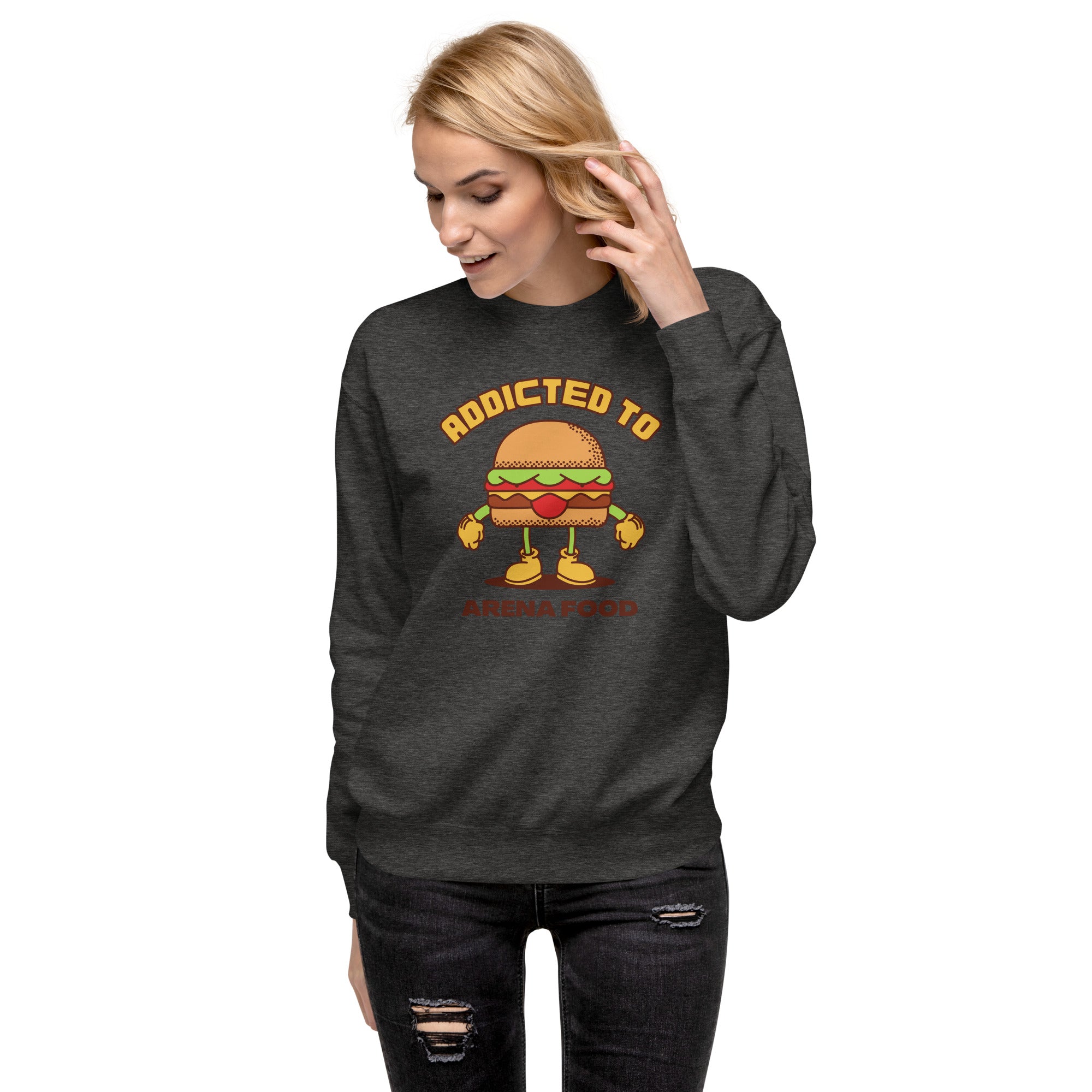 Addicted To Arena Food Women's Premium Sweatshirt Charcoal Heather | The Original Sports Mom