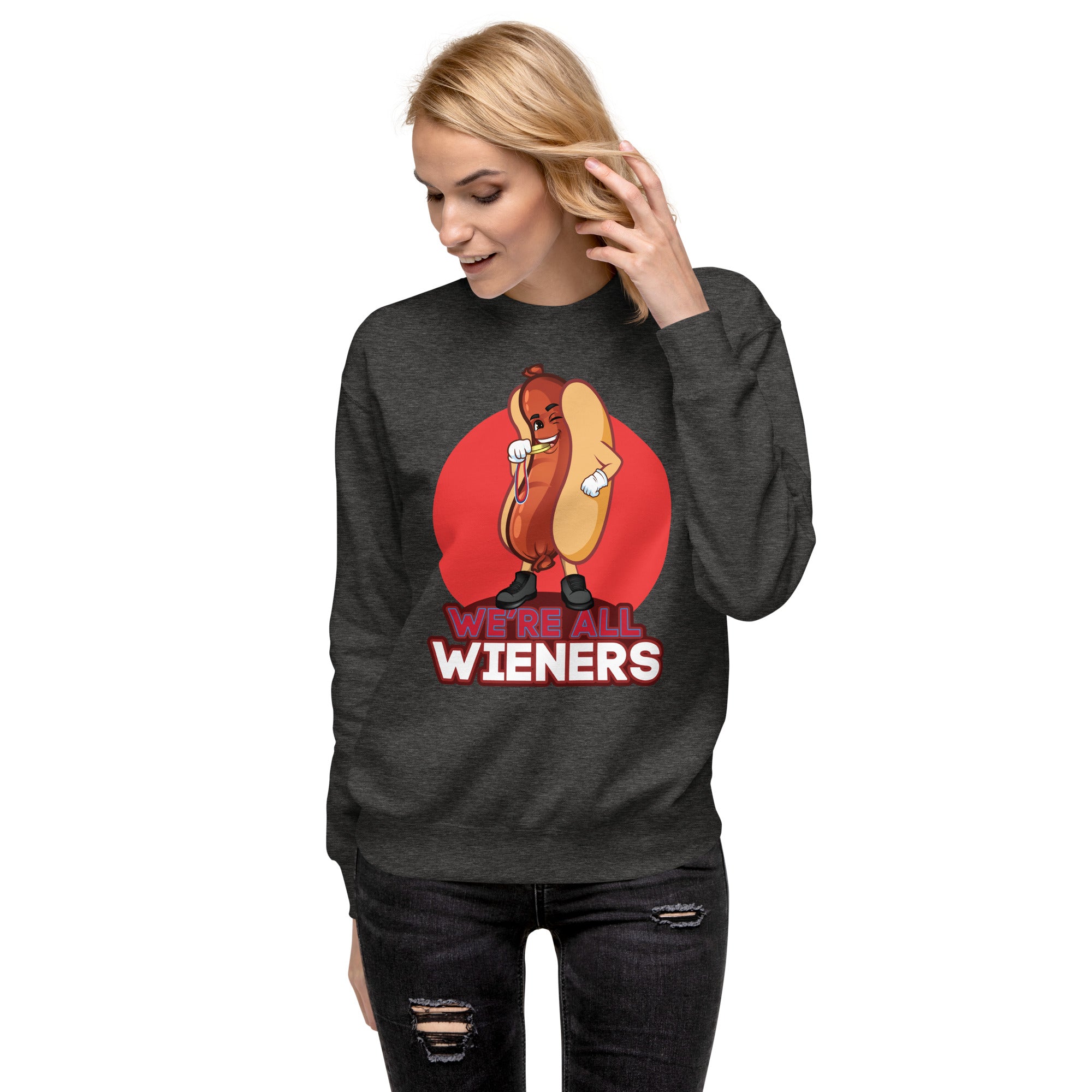 We're All Wieners Women's Heavy Crew Sweatshirt - Red Charcoal Heather | The Original Sports Mom