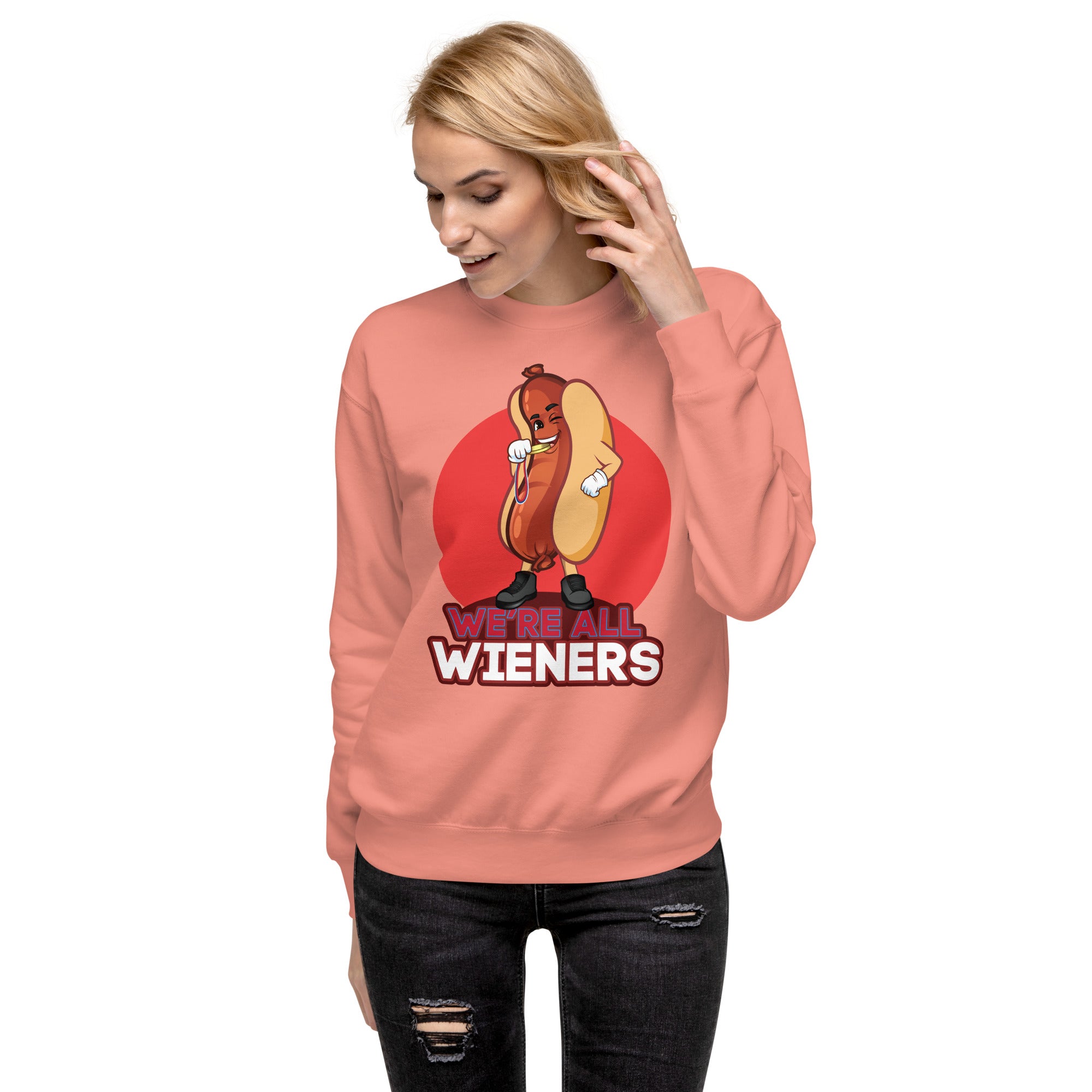 We're All Wieners Women's Heavy Crew Sweatshirt - Red Dusty Rose | The Original Sports Mom