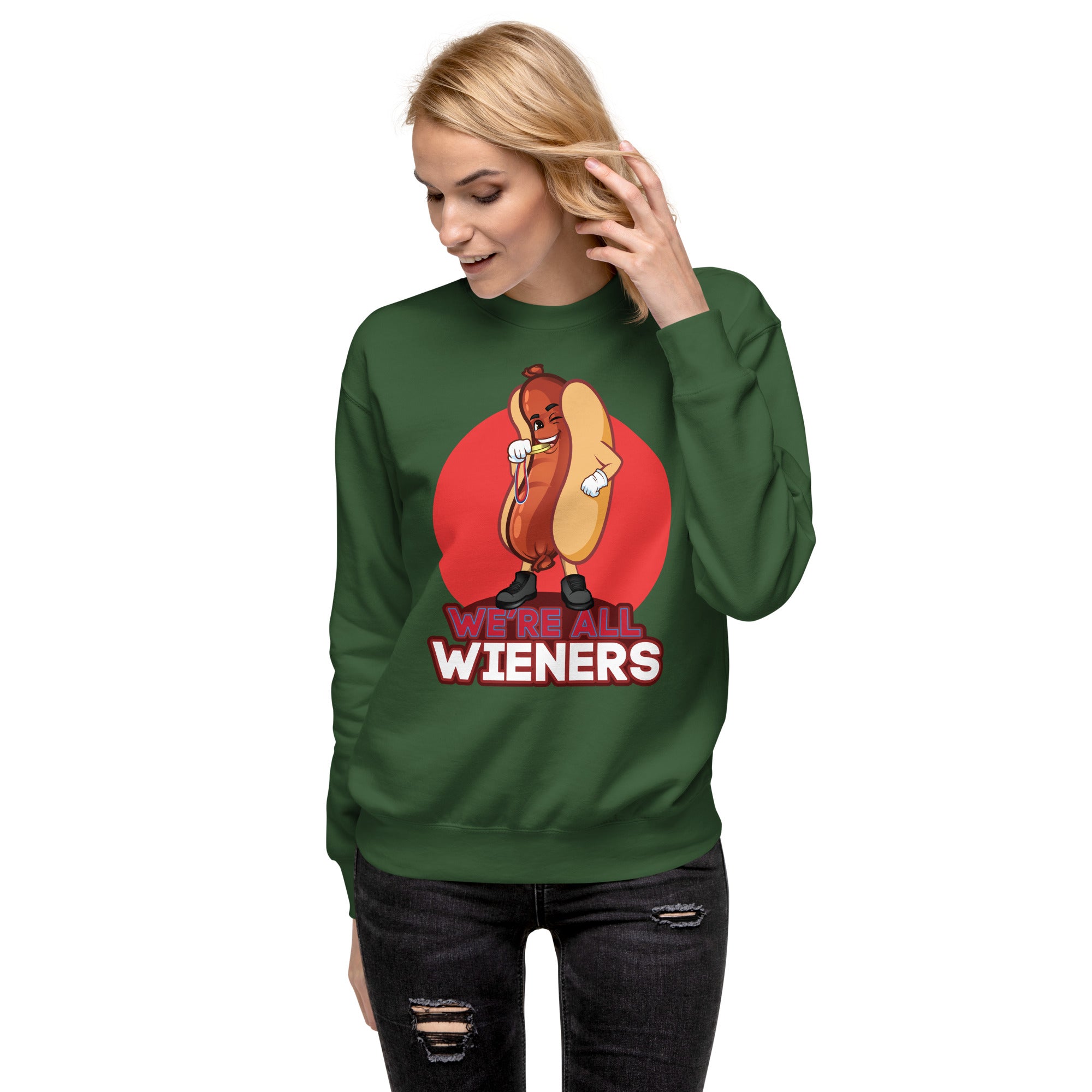 We're All Wieners Women's Heavy Crew Sweatshirt - Red Forest Green | The Original Sports Mom