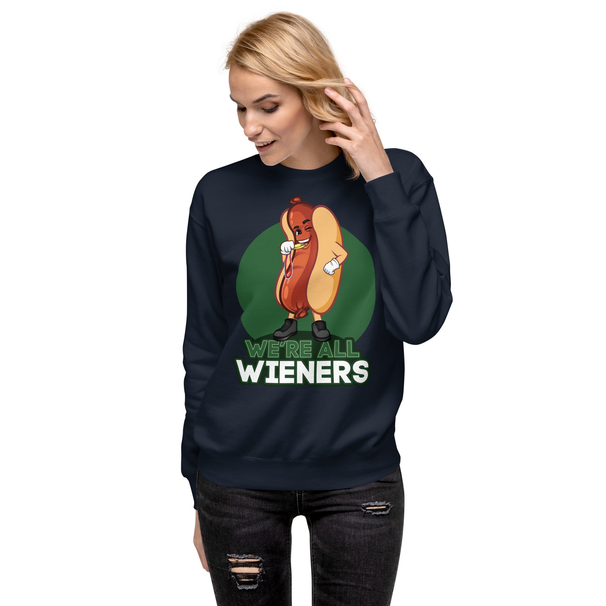 We're All Wieners Women's Heavy Crew Sweatshirt - Green Navy | The Original Sports Mom
