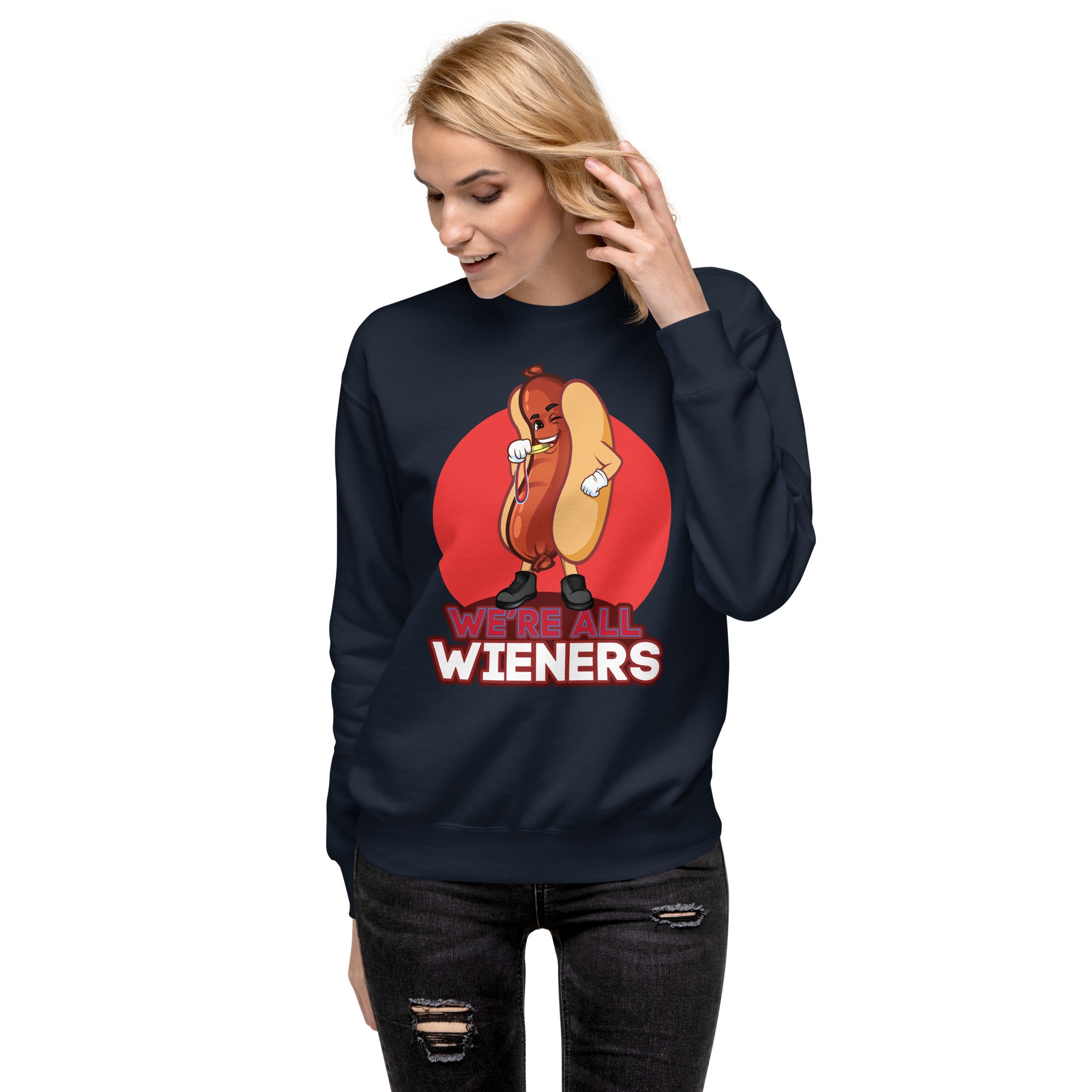 We're All Wieners Women's Heavy Crew Sweatshirt - Red Navy | The Original Sports Mom
