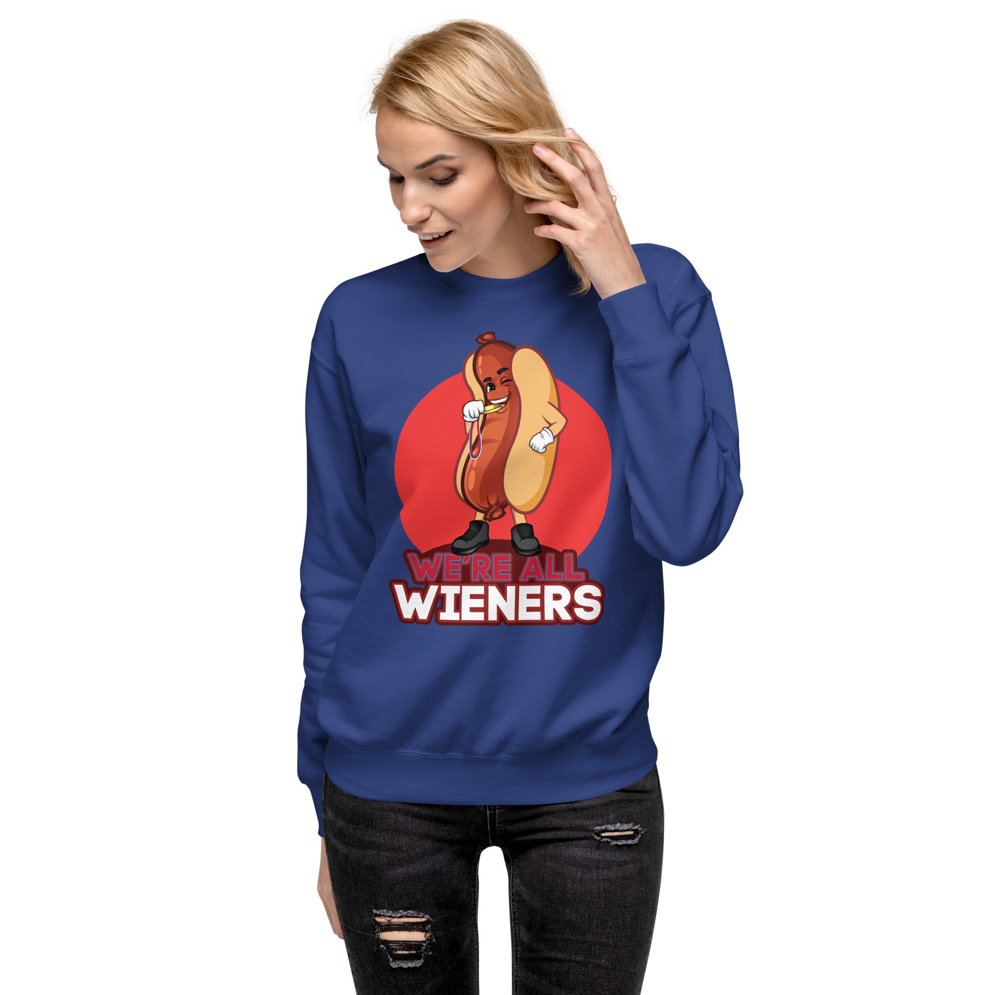 We're All Wieners Women's Heavy Crew Sweatshirt - Red Team Heather | The Original Sports Mom