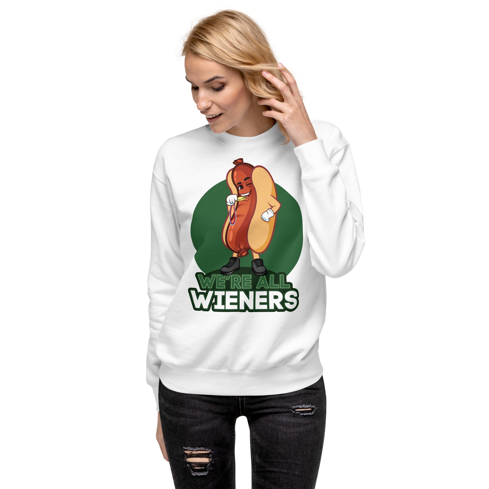 We're All Wieners Women's Heavy Crew Sweatshirt - Green White | The Original Sports Mom