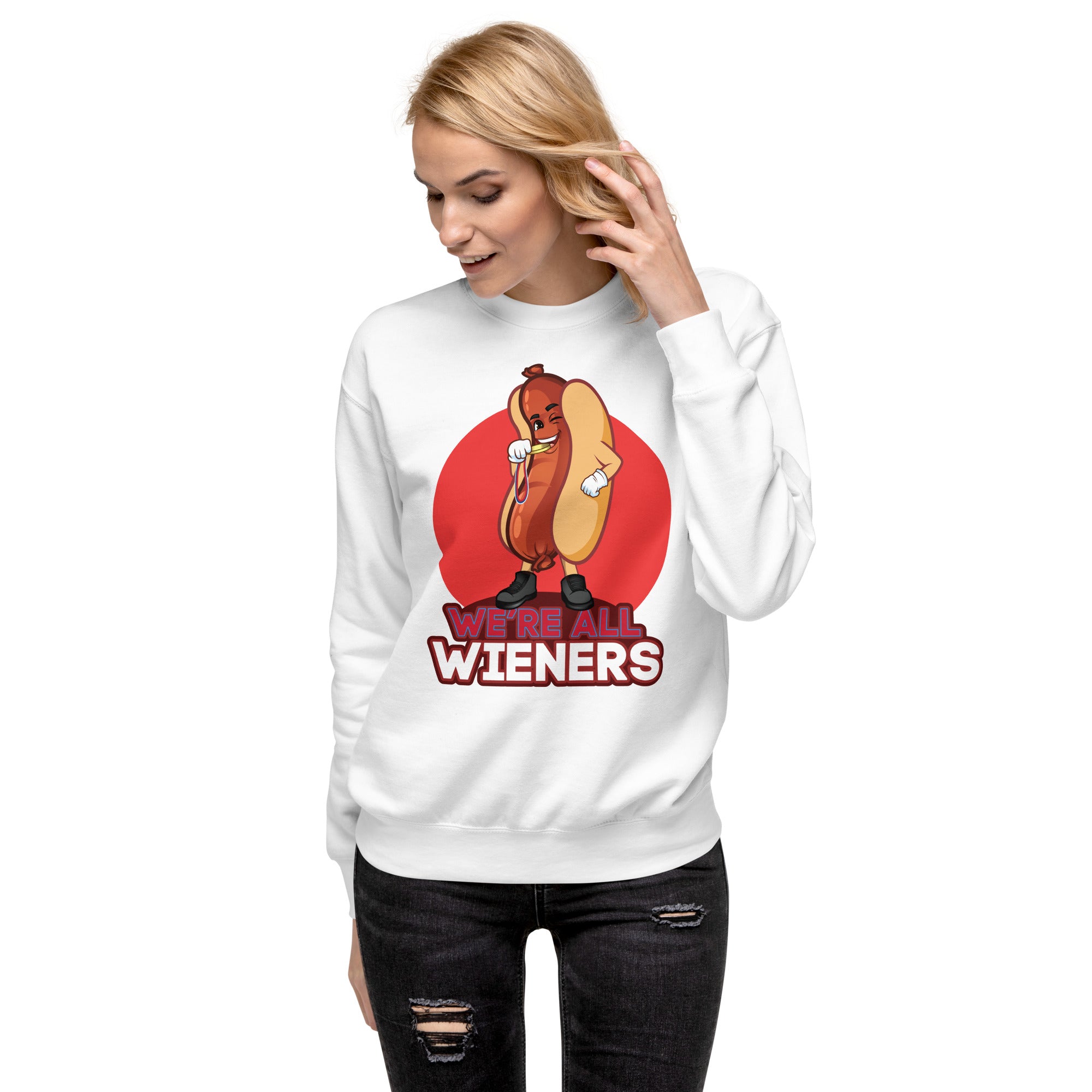 We're All Wieners Women's Heavy Crew Sweatshirt - Red White | The Original Sports Mom