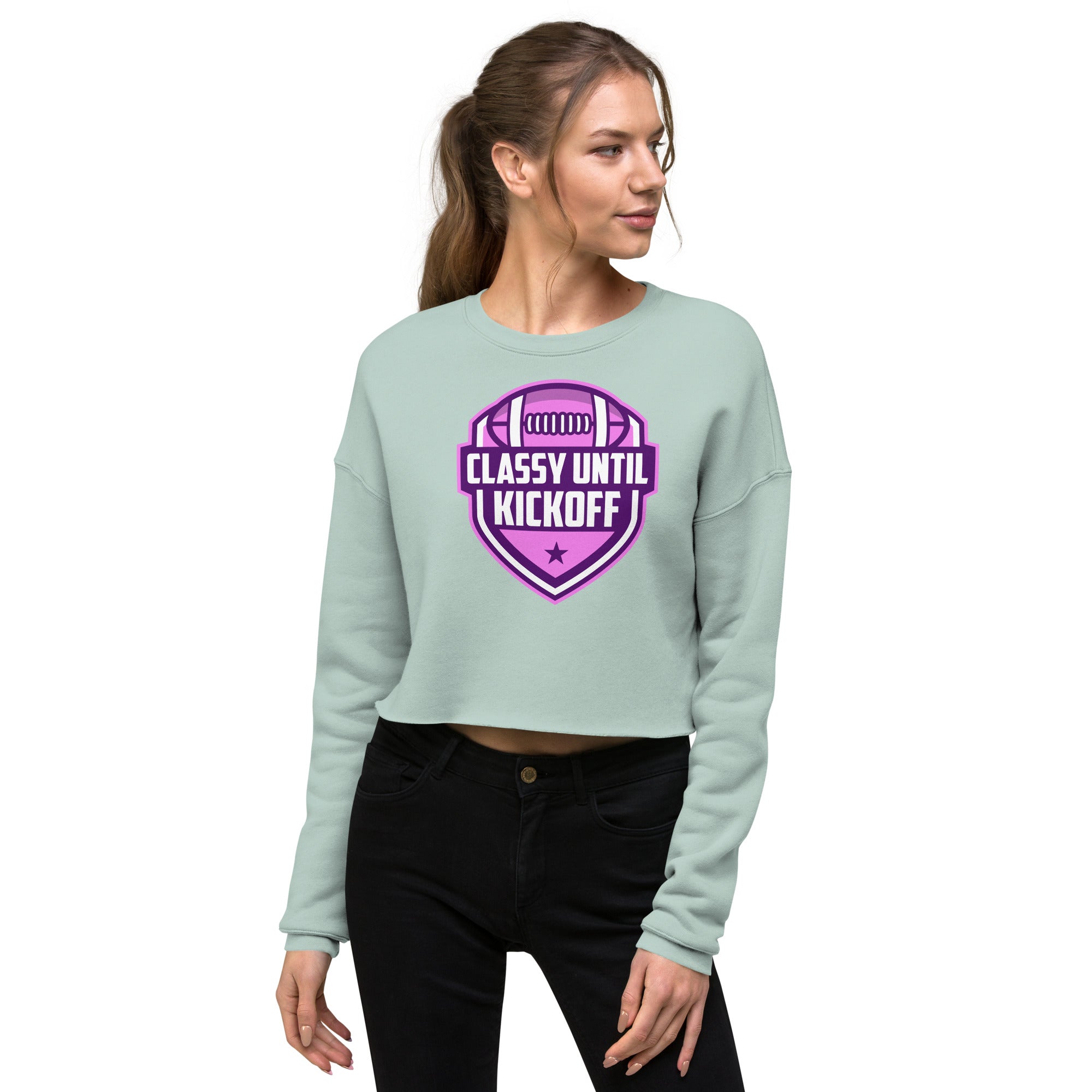 Classy Until KickOff Women's Crop Sweatshirt Dusty Blue | The Original Sports Mom